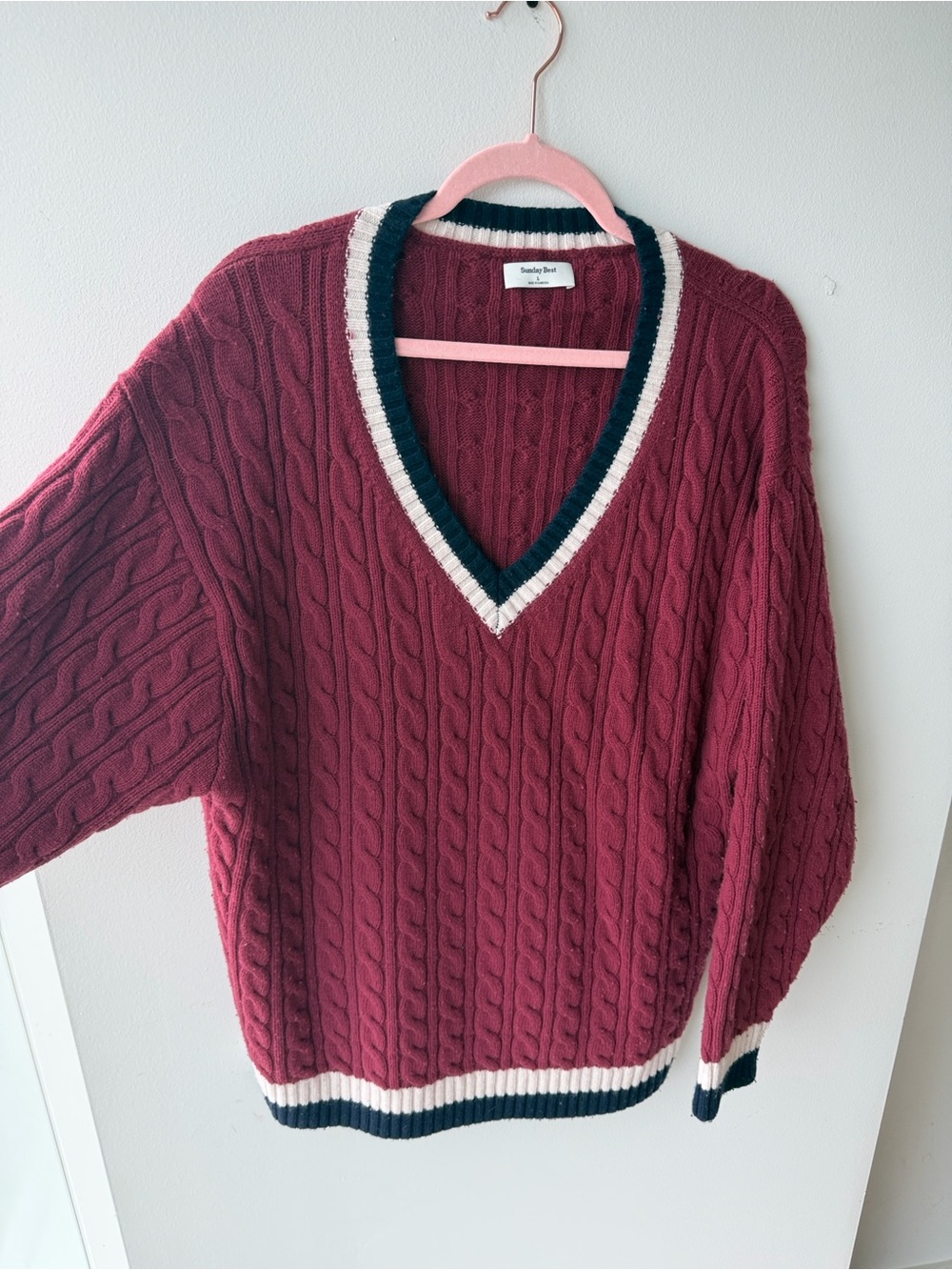 Aritzia/Sunday Best Burgundy Cable-Knit V-Neck Sweater with Navy & Cream Trim